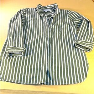 J Jill tunic, blouse, olive and white strap stand collar,